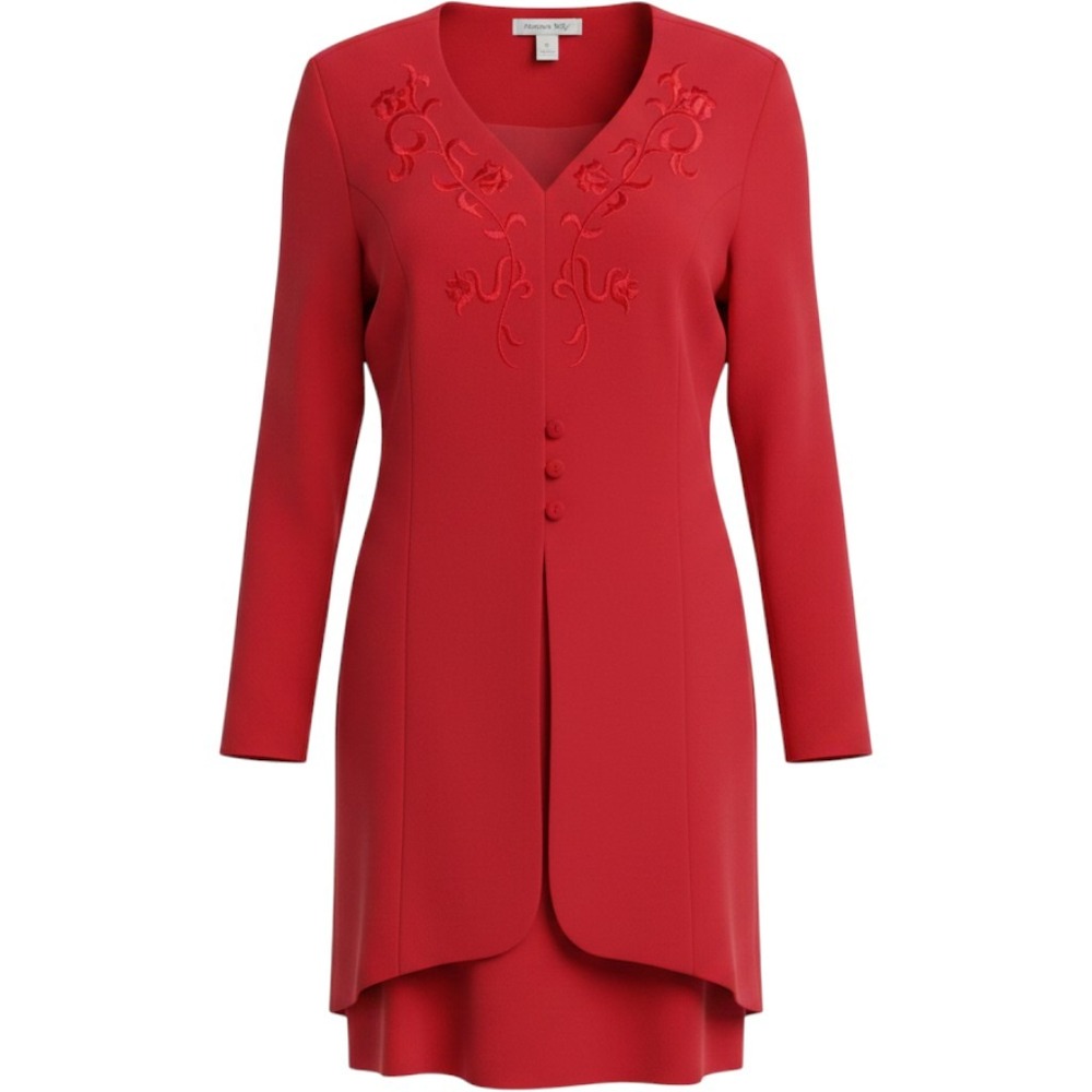 VTG Fashion Bug Red 2 Piece Dress Set Floral Embroidery Jacket Sheath Size 16